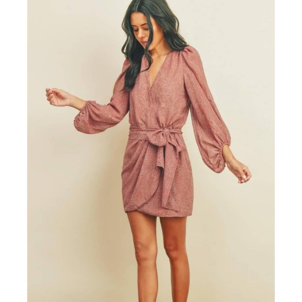 Dress Forum Los Angeles Pink Long Balloon Sleeve Animal Print Mini Wrap Dress